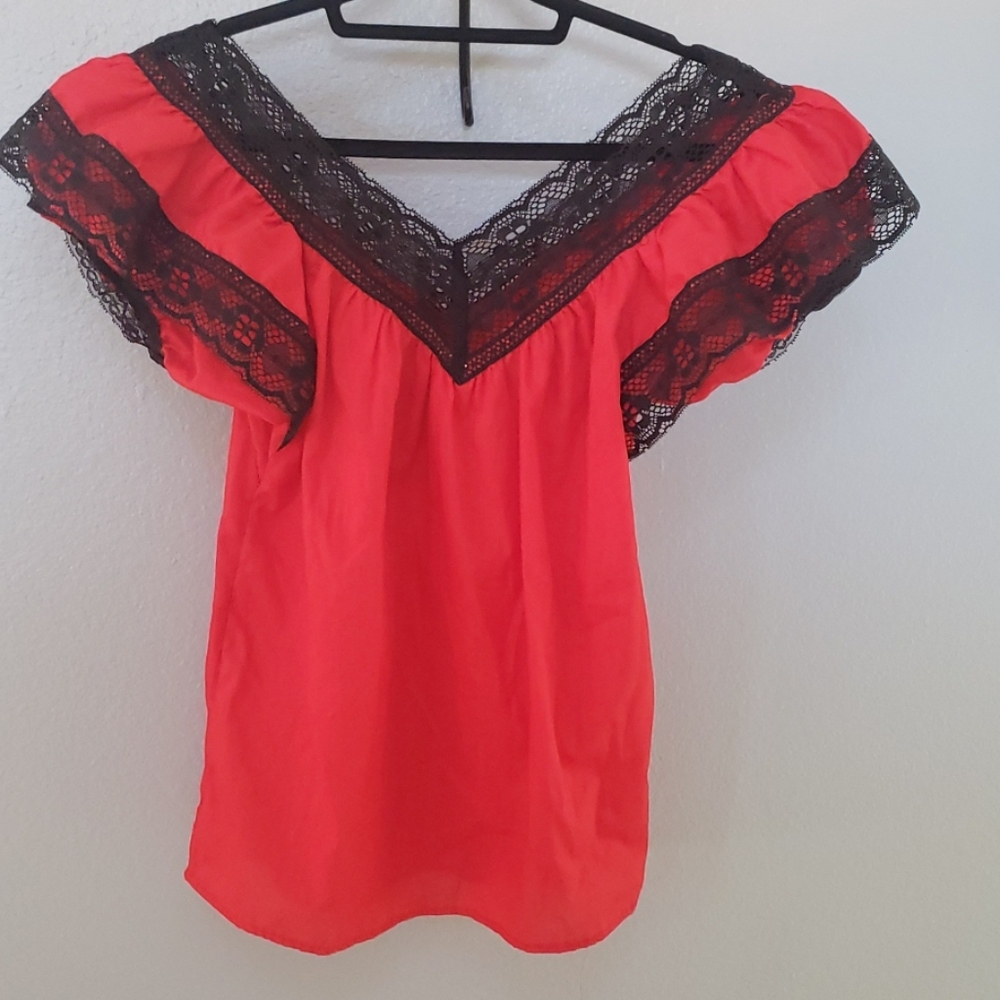 Red and Black Lace peasant top